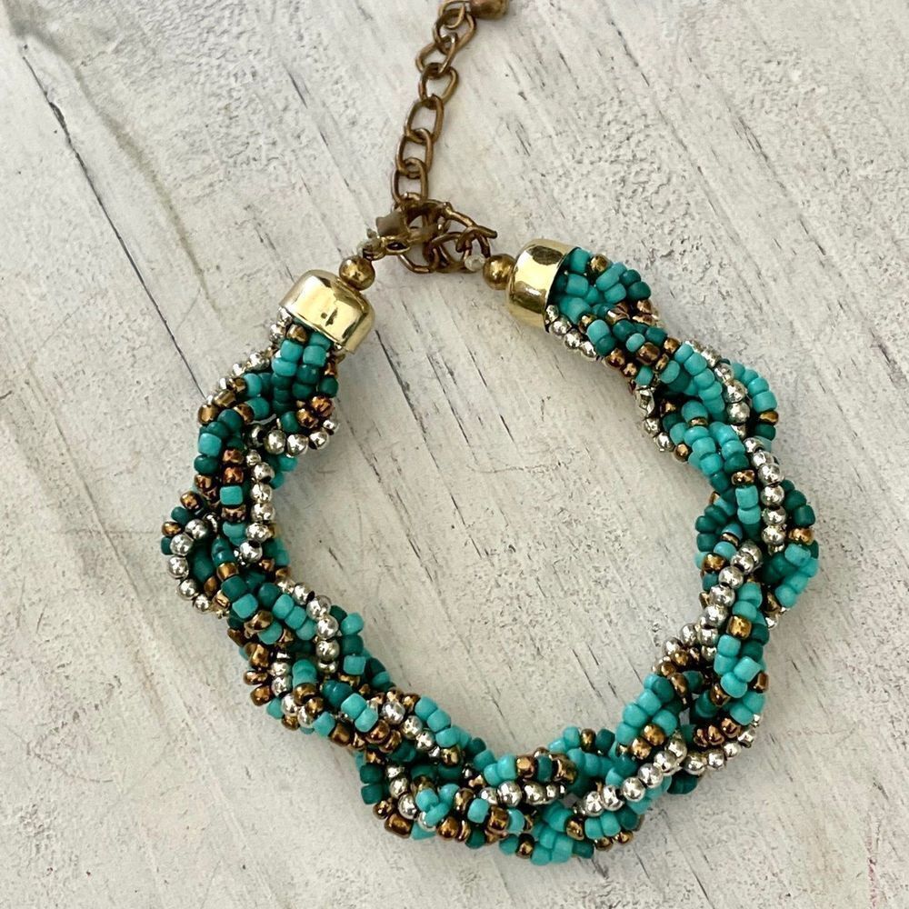 Blue silver Gold tone beaded twisted bracelet